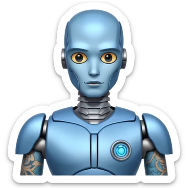 blue Tatooed robot, big many tatooes on chest, neck and face sticker