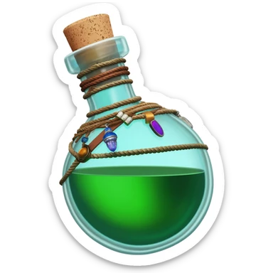 an empty round potion bottle a little rotated to the left with a cork and decorations on the bottle like ropes and belts and random stuff sticker