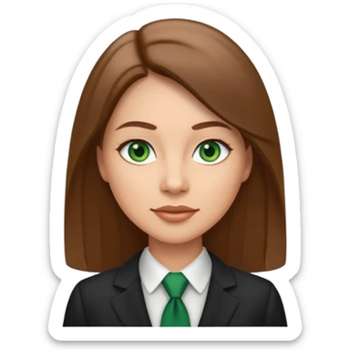 Adult woman avatar, light skin tone, oval face, straight long brown hair, green eyes, neutral mouth, business  sticker