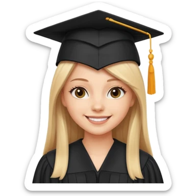 white girl with straight hair, wearing black graduation cap and gown, smiling sticker