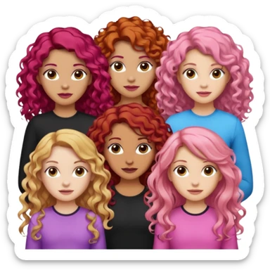 5 girls  curly redhead, one with brunette dyed blonde hair, one long haired wavy brunette, one mid-length haired brunette, and one black haired girl with partially dyed bright red/pink hair sticker