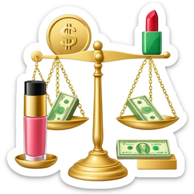 gold scale with left side green dollar bills and right side beauty products lipstick and nail polish, no lips, no extra elements sticker