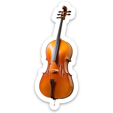 Create an elegant and refined emoji representing a Cremona 4/3F 4/4 cello with bow. The design should feature the distinctive, finely crafted body of the cello, highlighting its rich wooden finish and gracefully curved shape. The bow should be included, with visible horsehair and a polished wooden stick. Add subtle details like tuning pegs and strings to emphasize the precision and craftsmanship of the instrument. Use warm wood tones, deep brown, and soft metallic accents to reflect the high quality of the Cremona cello. The background should be transparent. sticker