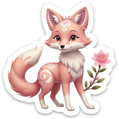 Anthropomorphic digitigrade Pastel beige and pastel Sakura-pink fox furry-Falvie-Fionbri-fursona with floral swirly markings and white spot markings, 2 legs, modern, sophisticated  sticker
