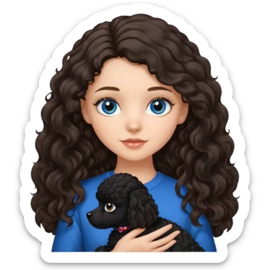 Brunette girl with long wavy hair and blue eyes holding one black puppy poodle with black fur and brown eyes. No decoration on the dog.  sticker