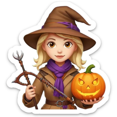 female human monster hunter emoji, wearing brown coat and hat, holding crossbow, soft smile, scarf, glowing pumpkin by her side, Halloween fantasy style, clean vector Apple emoji look, bright colors, white background, square sticker