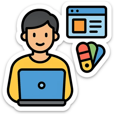 web designer as a color outline icon, showing a person at a computer with design elements like a color palette and wireframe sticker
