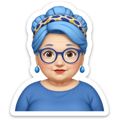 fat old woman with blue big bun hair and glassess and headband sticker