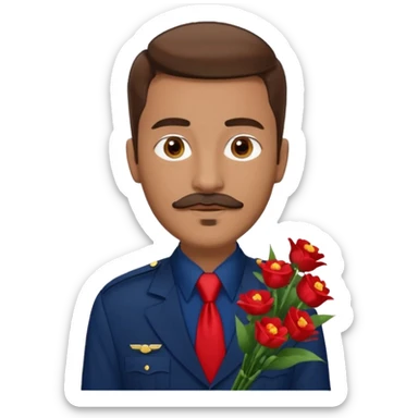 Homme avec bouquet fleurs blanches, avec uniforme bleu foncé cravate rouge, arabe raie sur le coté, brun un peu bronzé et yeux marrons 23 ans bouc moustache sans fleurs sur le costume  sticker