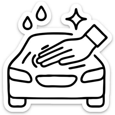outlined icon of a premium car hood with an elegant hand wearing a white glove, water drops and shine, black and silver, smooth motion lines, modern and clean sticker