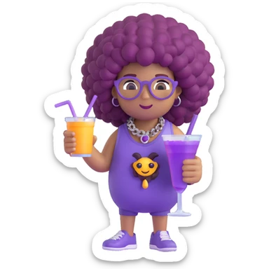3D emoji of a cool character with a big curly afro, iced-out 'samu' chain, holding a purple drink and a joint sticker