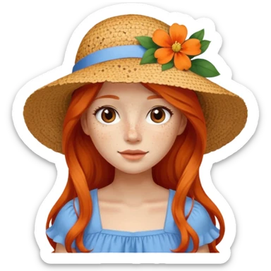 girl, freckles, wearing_summer_hat, white flower on hat, red orrange long hair, blue dress sticker