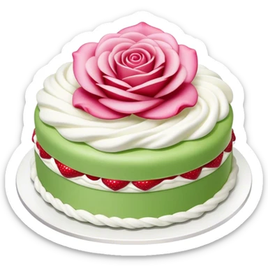 cake with green marzipan on top, with a pink marzipan rose on top. Whipped cream, vanilla cream and strawberry jam inside sticker