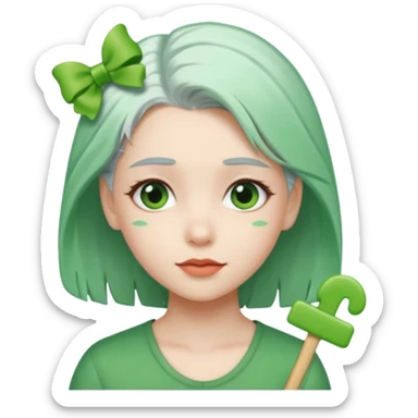 girl with green hair clip, white hair sticker