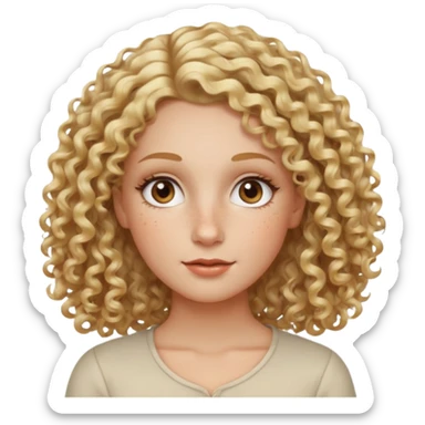 Blond curly hair white women, oval shape face hazel eyes long lashes little bit of freckles high cheek bones sticker
