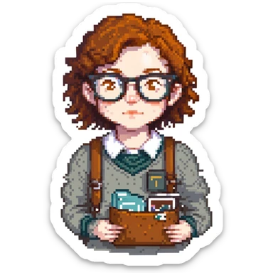 pixel art icon of a nerd with freckles, thick glasses, and a pocket protector sticker