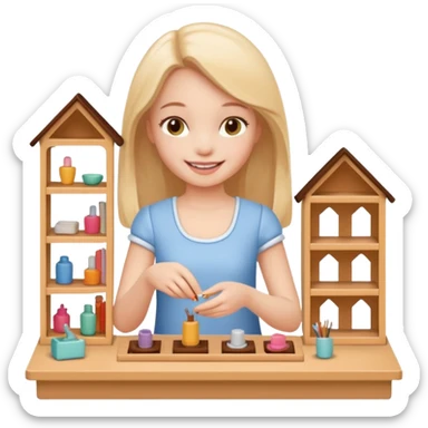 smiling girl arranging furniture in doll house sticker