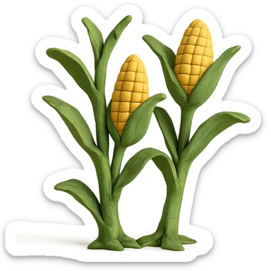 close-up of corn stalks with ears of corn, gentle sunlight, pastel background, claymation style sticker