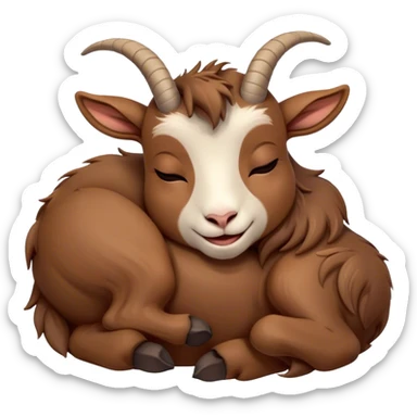 Meme-Worthy Cute Sleeping Brown Goat Portrait Emoji, Head resting peacefully with a contented smile, showcasing a robust build and a luxuriously soft brown fur, eyes shut in a serene, restful nap, Simplified yet hilariously adorable features, highly detailed, glowing with a soft, drowsy light, high shine, relaxed and utterly lovable, stylized with an air of playful laziness, bright and heartwarming, soft glowing outline, capturing the essence of a comically sleepy goat, so meme-worthy it feels like it could instantly become the next viral sensation of adorable slumber! sticker