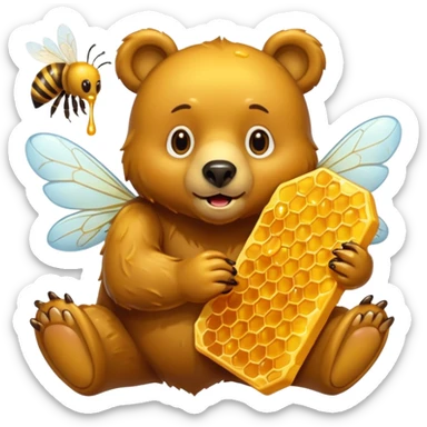 bear eating honeycomb with bees flying around sticker