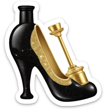 A perfume bottle formed as a black sparkly heel but the heel is gold sticker