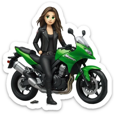 Brunette Girl with Green eyes, Long hair, wearing a black leather jacket is sitting next to a Kawasaki motorbike sticker