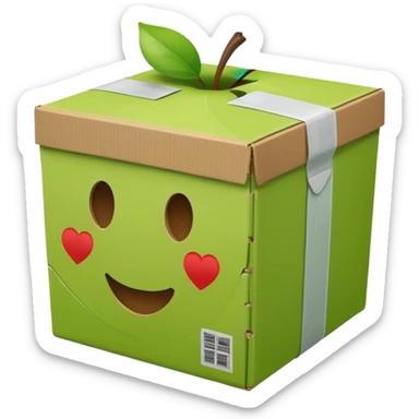 light green cardboard shipping box with shipping stickers on the sides, apple style emoji sticker