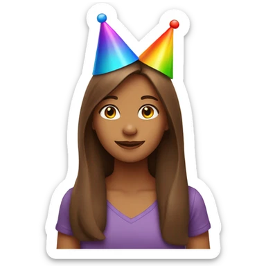 Girl with long brown hair wearing a birthday hat sticker