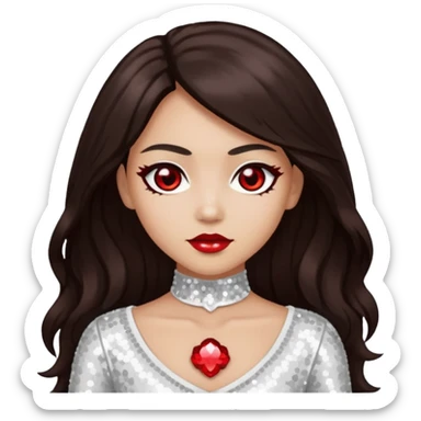 Bloody Mary with light skin, long dark brown hair, red eye, white sequin outfit sticker