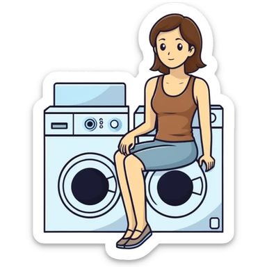 Caucasian woman with brown hair and big boobs wearing a tank top sitting on a washer and dryer sticker