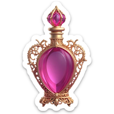 3D gothic perfume bottle with pink glass, vintage and ornate sticker