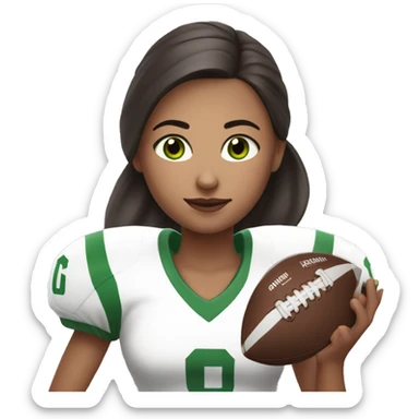 white girl with long, dark brown hair in ponytail, green eyes, wearing  football jersey and holding a football.   sticker