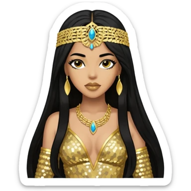 Aaliyah as Akasha with long black hair, gold sequin outfit sticker