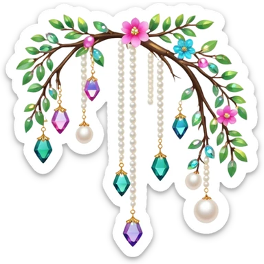 Exotic colorful romantic Few cute tiny Iridescent glistening glossy sparkly shiny glittery hanging crystals pearls and beads and gemstones scenery scenic decorations with branches and flowers sticker