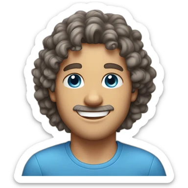 man-with big smile-curly brown-hair with grey streaks-and-blue-eyes, blue shirt sticker