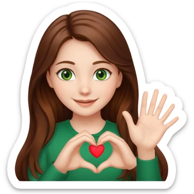 Girl green eyes brown long hair doing hands heart sticker