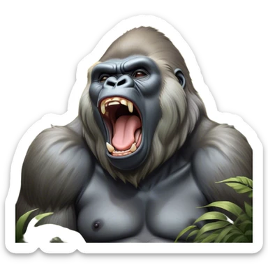Cinematic Cute Yawning Silverback Gorilla Portrait Emoji, Head tilted slightly with a dramatic, wide-open yawn, showcasing a formidable build with a silvery mane and drowsy, half-closed eyes, Simplified yet irresistibly adorable features, highly detailed, glowing with a soft, cozy jungle glow, high shine, relaxed yet expressive, stylized with a dash of whimsical primate charm, soft glowing outline, capturing the essence of a drowsy yet affectionate guardian that appears ready to stretch out for a nap! sticker