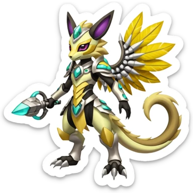Colorful masked armored leathery scaly furry Futuristic Meloetta-Manectric-Solgaleo-Raikou-Pokémon-Digimon-Fakémon-fusion-hybrid-creature, full body sticker