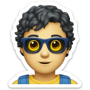 scruffy dark haired white child yellow sunglasses blue vest dark blue shirt sticker