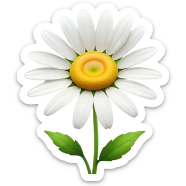 Cinematic Realistic Daisy Emoji, Cheerful and pure, with bright white petals surrounding a sunny yellow center, standing proudly atop a slender green stem. The soft, vibrant petals seem to radiate positivity, while a few green leaves frame the delicate flower. Soft glowing outline, capturing the essence of simplicity, innocence, and happiness in a single daisy. sticker