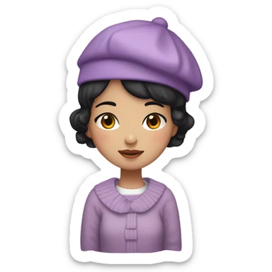 korean girl short black hair sharp jawline, wearing a lilac sweater and beret and bow sticker