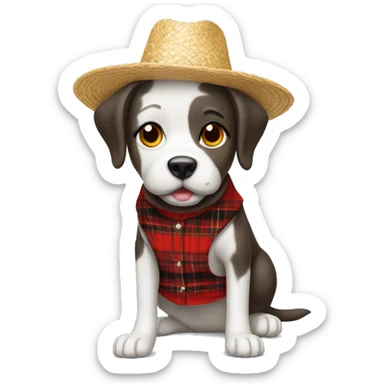 dog happy with straw hat and red plaid outfit sticker