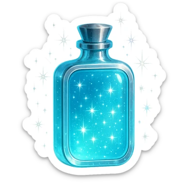 prabangus eliksyro buteliukas, tabletės forma, žydra (cyan) spalva, sidabrinės ir holografinės detalės, labai mažas kaklelis, vientisas dugnas, dar daugiau magiškų efektų, buteliukas plūduriuoja ore, be pagrindo ar šešėlio, skaidrus fonas, modernus, kolekcijai tinkamas sticker