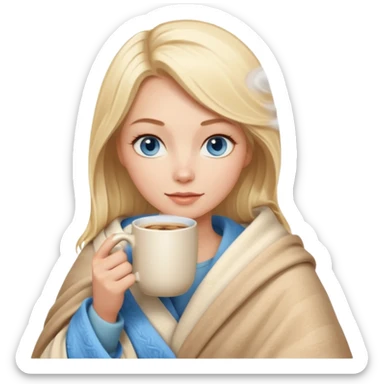 Blonde with blue eyes wrapped up in a cozy blanket with a hot coffee sticker