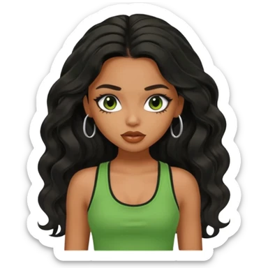 a pretty bratz brown girl with long wavy black color hair and green tank top on sticker