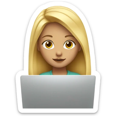 girl with blond hair sits at laptop working sticker