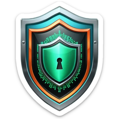 An icon featuring a shield with a digital lock, binary code, and a hacker silhouette in the background, symbolizing cybersecurity. The design includes firewalls, encrypted data streams, and warning alerts. Transparent background highlights protection of digital systems and information. sticker