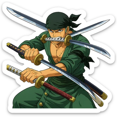 Zoro Roronoa from One Piece, anime style, bandana on head, three swords, battle-ready pose sticker