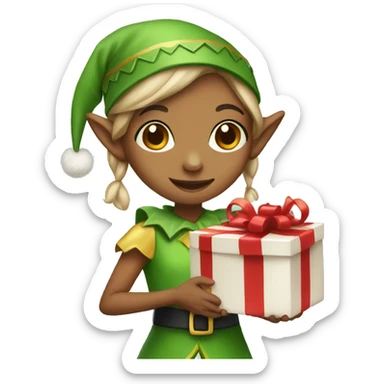 girl dressed as an elf holding a present sticker