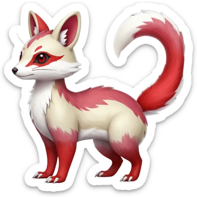  Hyper-realistic smooth Asian oriental painted silky soft White white with red gradients, and slit eyes markings beautiful handsome gorgeous aesthetic colorful vibrant Vernid-Trico-Marsupial-Furret-Zangoose-species-Fakemon-creature by LiLaiRa, 4 legs, 1 tail, random markings, (full body) sticker